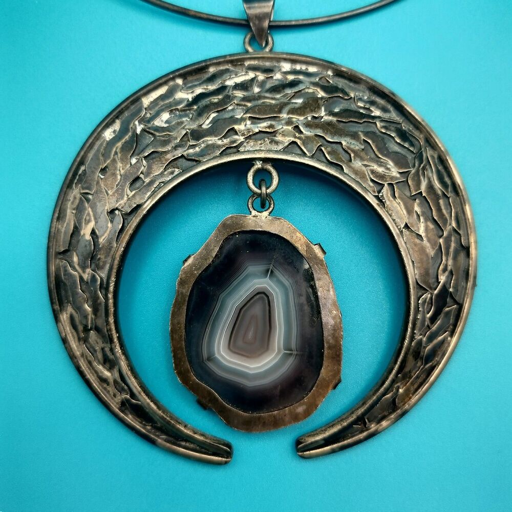 Vintage Heavy Israeli 925 Sterling Silver Crescent Moon Banded Agate  Pendant